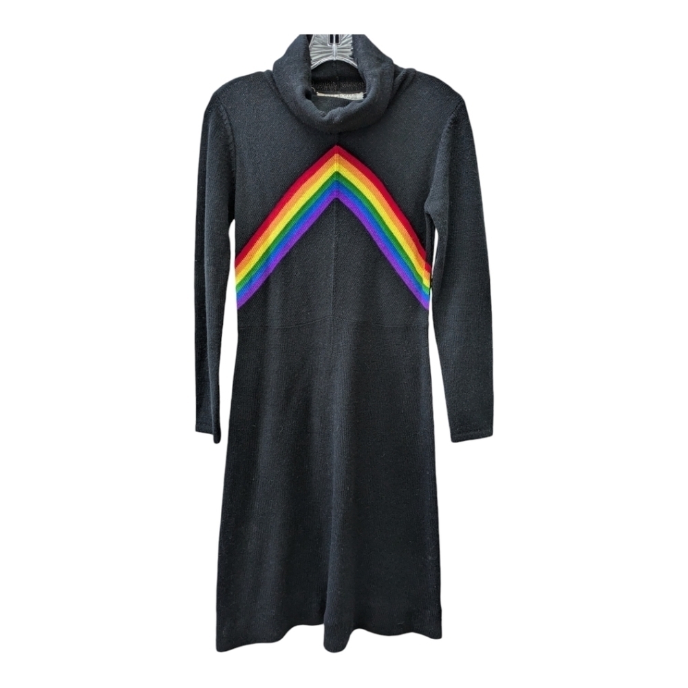 Vintage 70's 80's rainbow black sweater dress turtle neck a-line midi